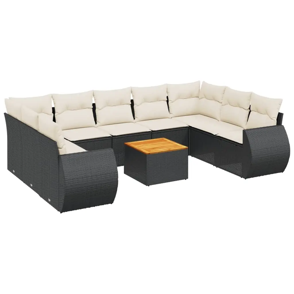 10 Piece Garden Sofa Set with Cushions Black Poly Rattan 3225146 - Furniture