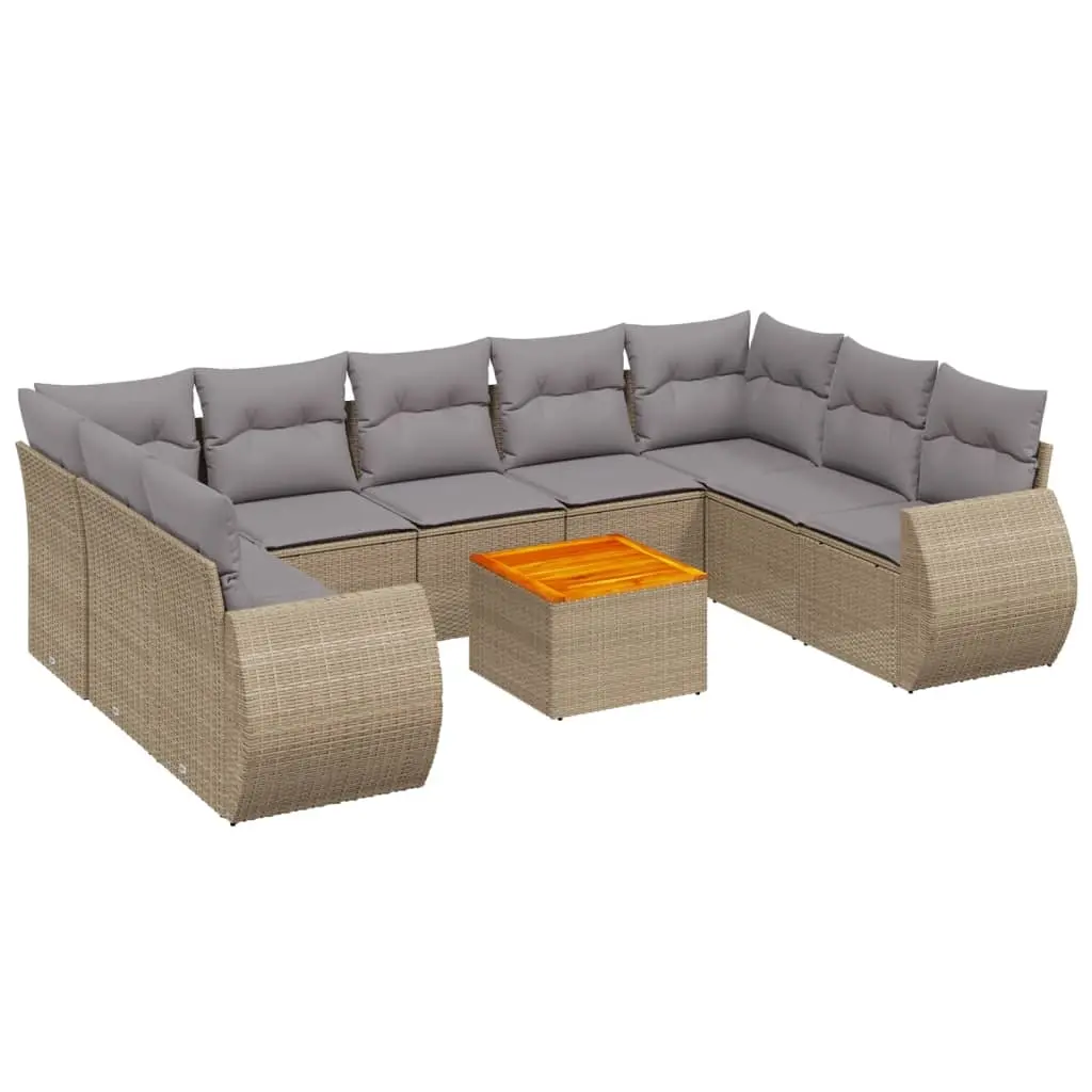 10 Piece Garden Sofa Set with Cushions Beige Poly Rattan 3225149 - Furniture