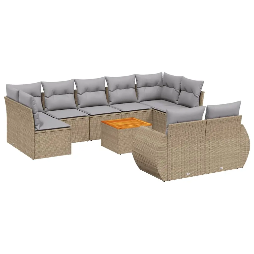 10 Piece Garden Sofa Set with Cushions Beige Poly Rattan 3225156 - Furniture
