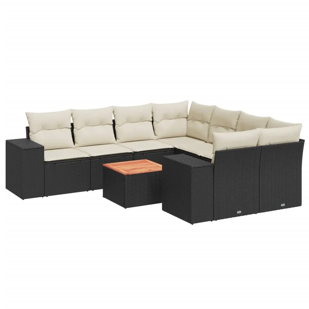 9 Piece Garden Sofa Set with Cushions Black Poly Rattan 3225370 - Furniture