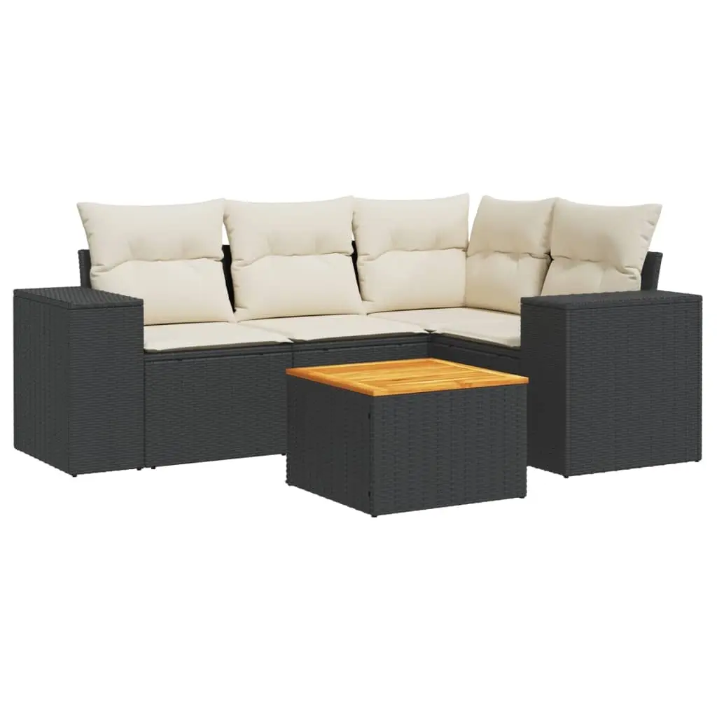 5 Piece Garden Sofa Set with Cushions Black Poly Rattan 3225426 - Furniture