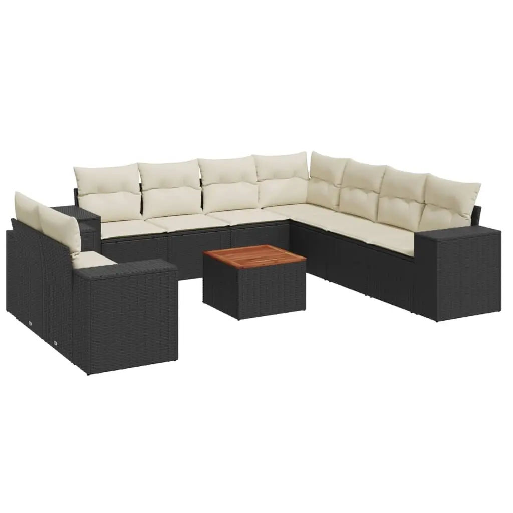 10 Piece Garden Sofa Set with Cushions Black Poly Rattan 3225510 - Furniture