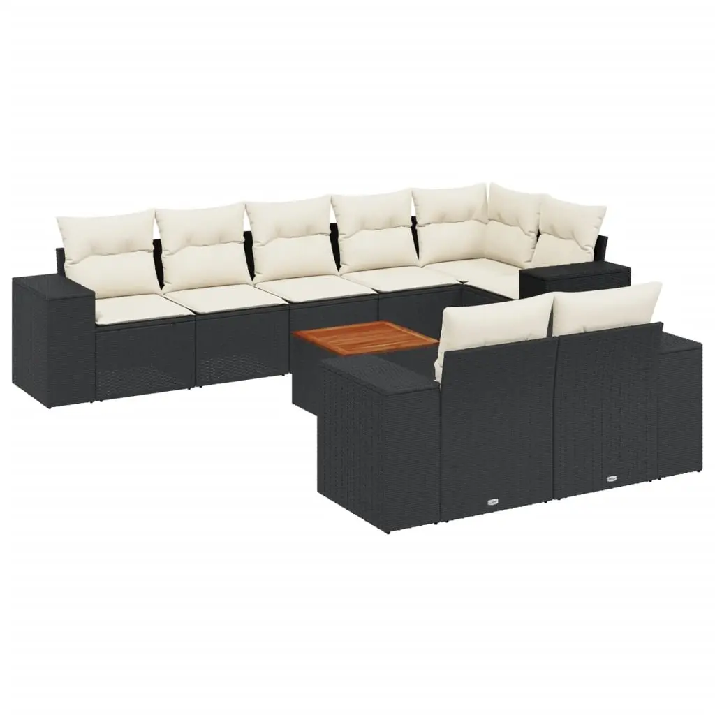 9 Piece Garden Sofa Set with Cushions Black Poly Rattan 3225531 - Furniture