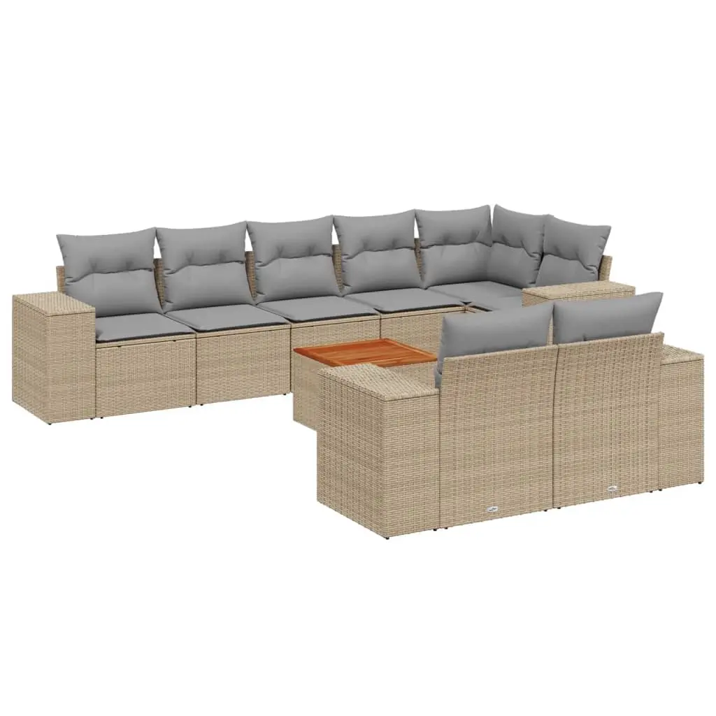 9 Piece Garden Sofa Set with Cushions Beige Poly Rattan 3225534 - Furniture