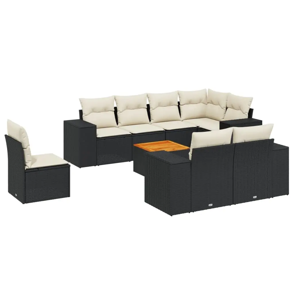 9 Piece Garden Sofa Set with Cushions Black Poly Rattan 3225538 - Furniture