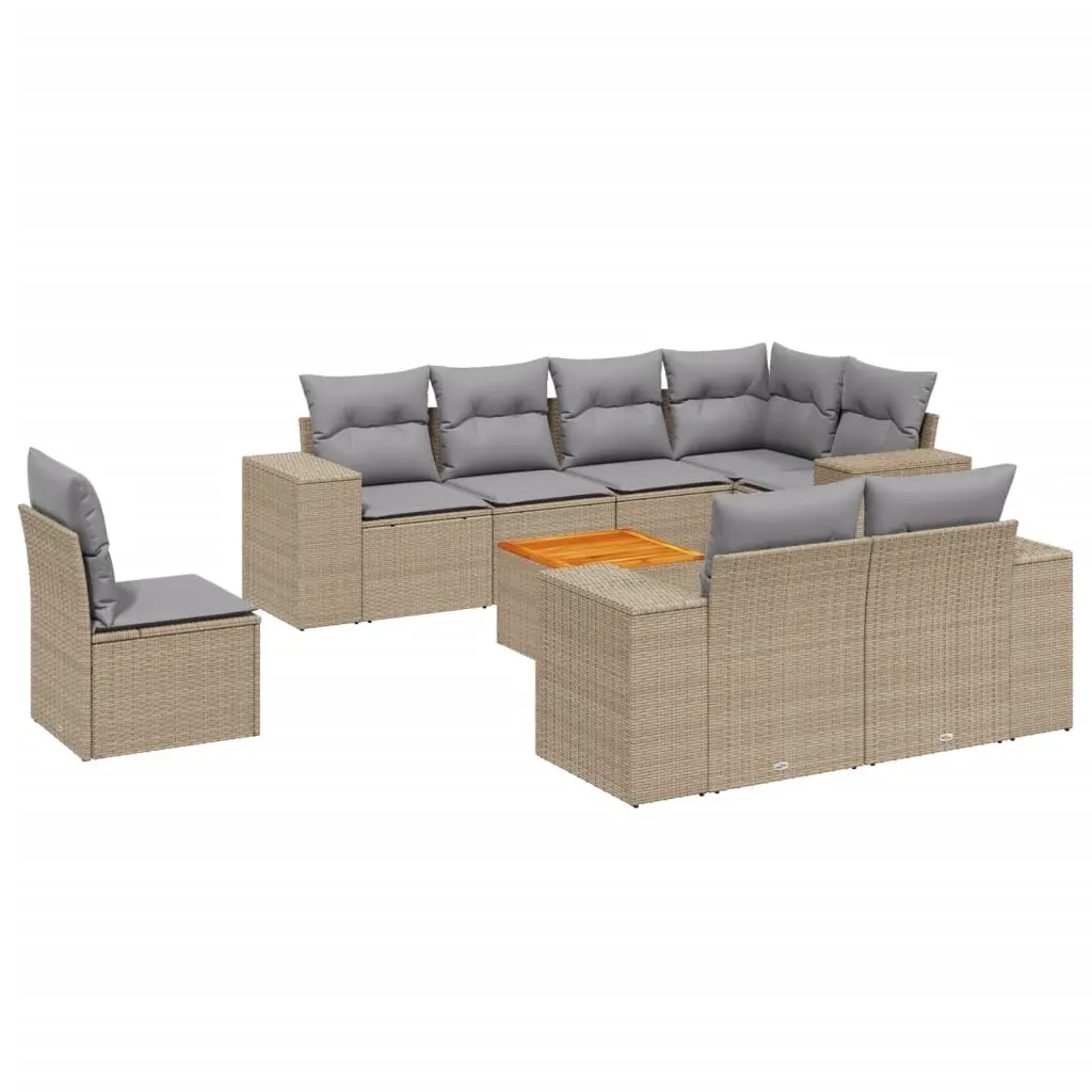 9 Piece Garden Sofa Set with Cushions Beige Poly Rattan 3225541 - Furniture