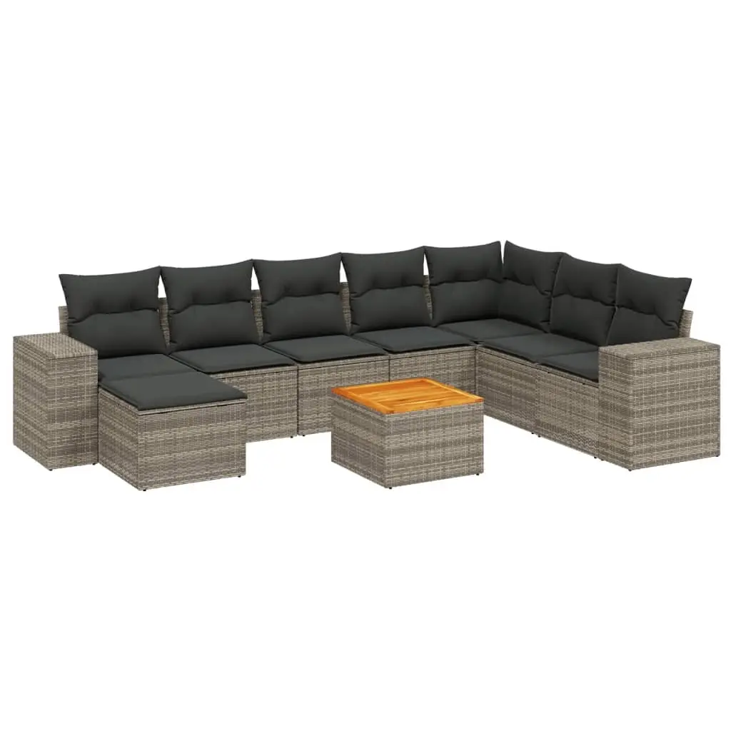 9 Piece Garden Sofa Set with Cushions Grey Poly Rattan 3225584 - Furniture