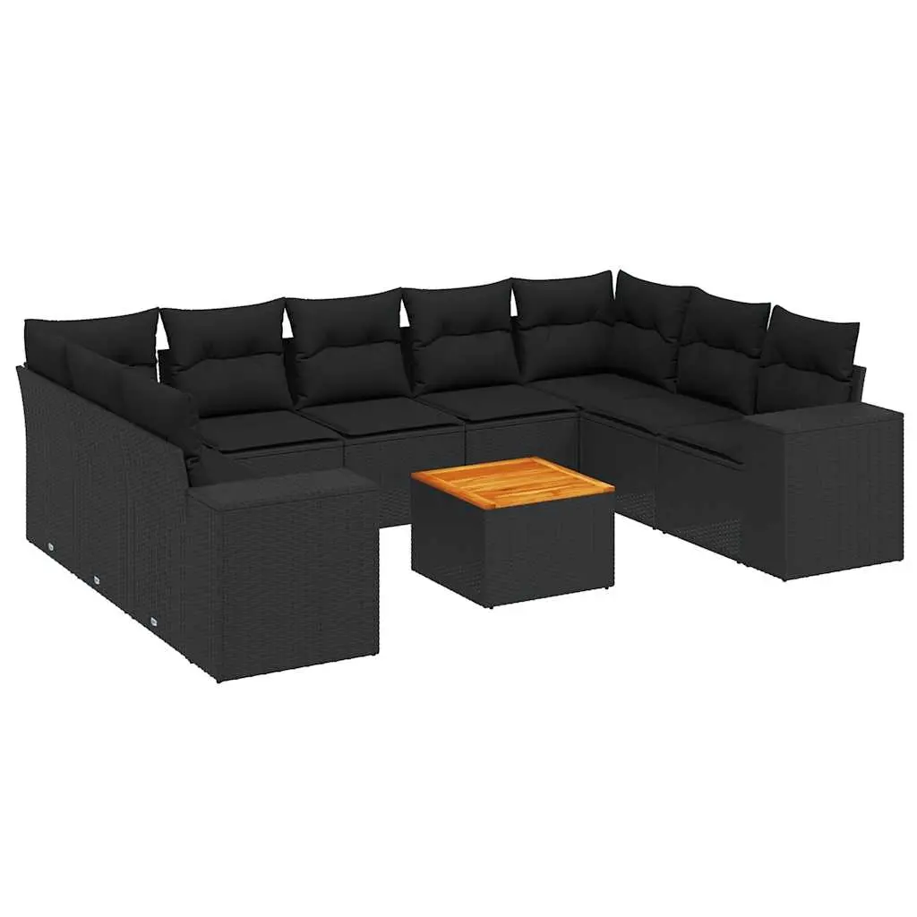 10 Piece Garden Sofa Set with Cushions Black Poly Rattan 3225586 - Furniture
