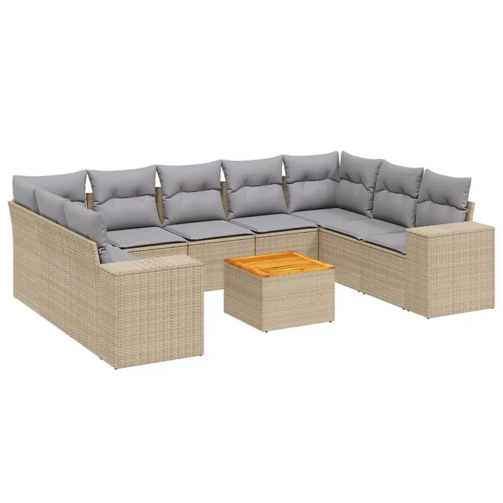 10 Piece Garden Sofa Set with Cushions Beige Poly Rattan 3225590 - Furniture