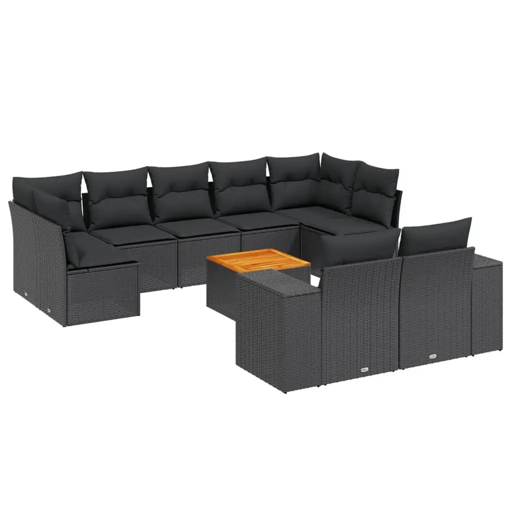 10 Piece Garden Sofa Set with Cushions Black Poly Rattan 3225593 - Furniture