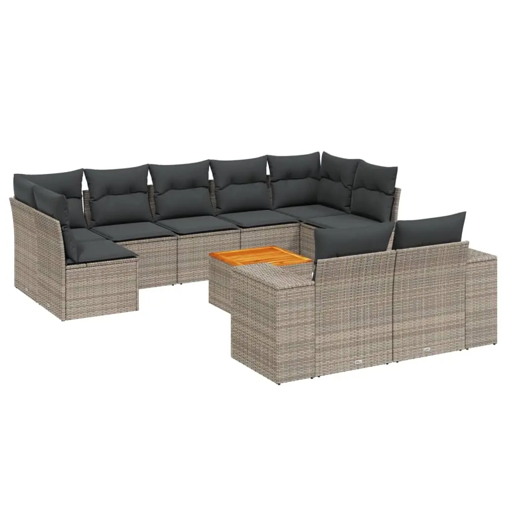 10 Piece Garden Sofa Set with Cushions Grey Poly Rattan 3225598 - Furniture