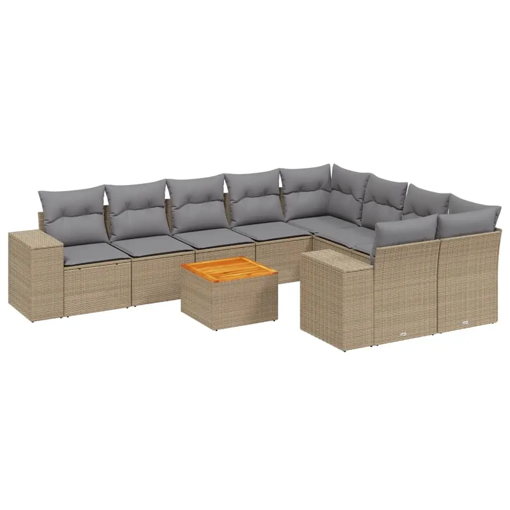 10 Piece Garden Sofa Set with Cushions Beige Poly Rattan 3225604 - Furniture