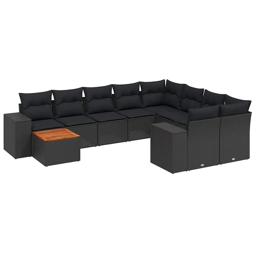 10 Piece Garden Sofa Set with Cushions Black Poly Rattan 3225607 - Furniture