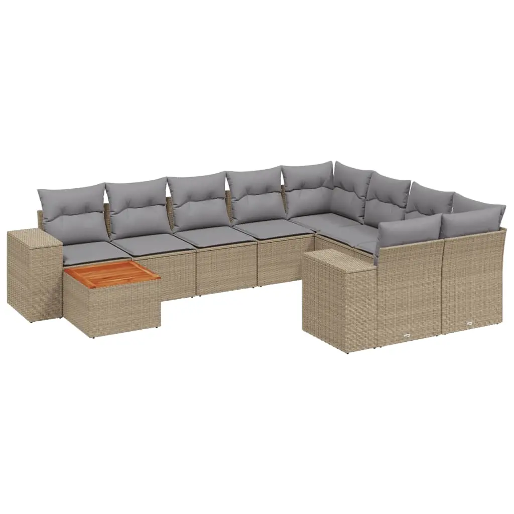 10 Piece Garden Sofa Set with Cushions Beige Poly Rattan 3225611 - Furniture