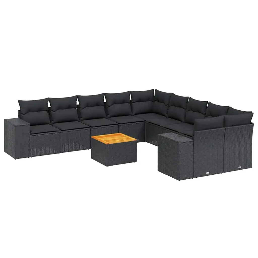 11 Piece Garden Sofa Set with Cushions Black Poly Rattan 3225635 - Furniture