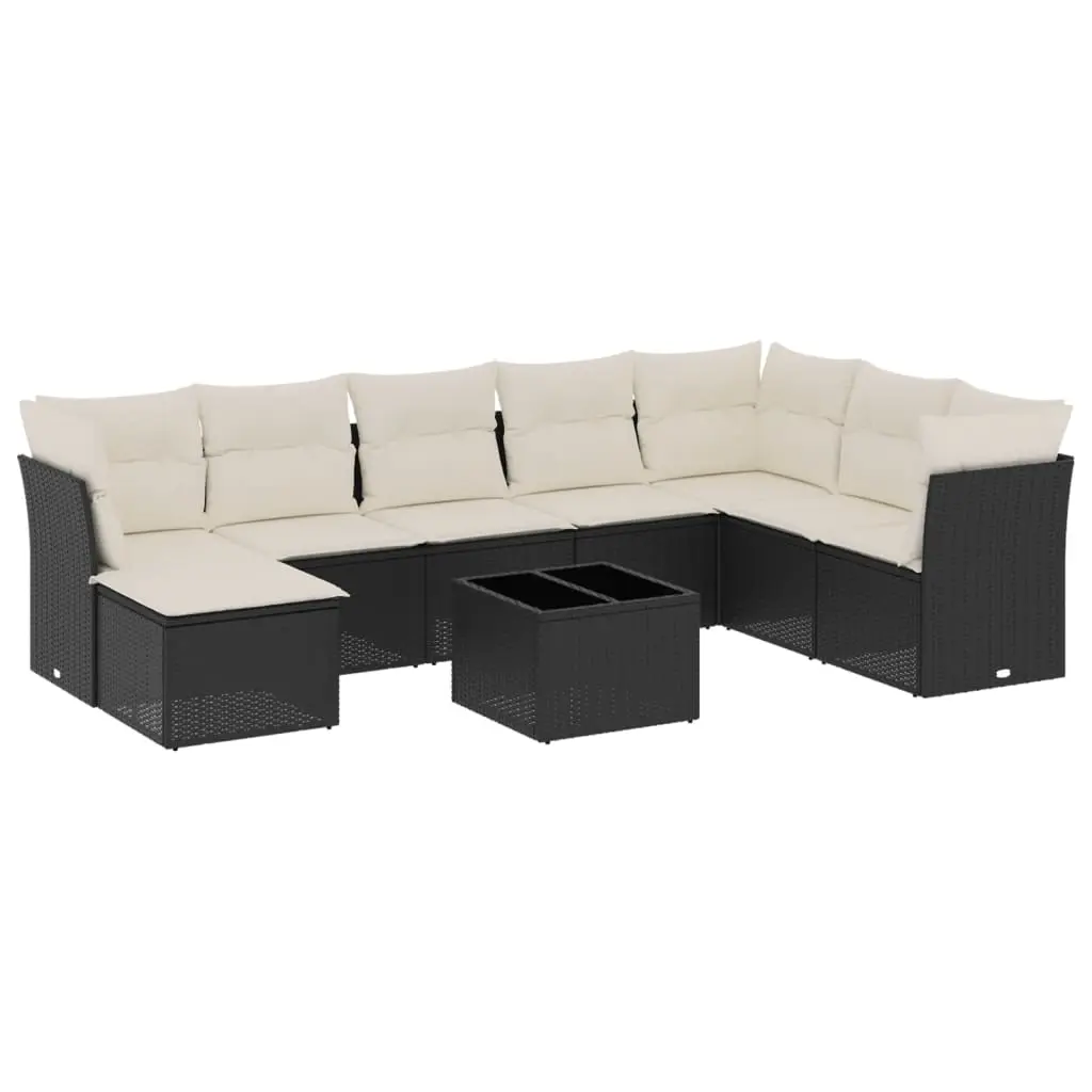9 Piece Garden Sofa Set with Cushions Black Poly Rattan 3249895 - Furniture