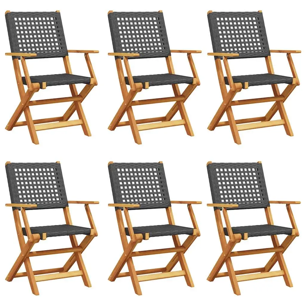 Folding Garden Chairs 6 pcs Black Poly Rattan and Solid Wood 3214557 - Furniture