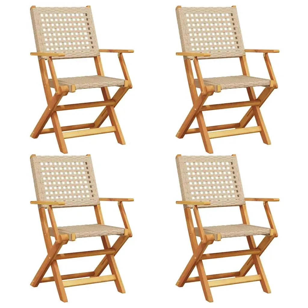 Folding Garden Chairs 4 pcs Beige Poly Rattan and Solid Wood 3214562 - Furniture