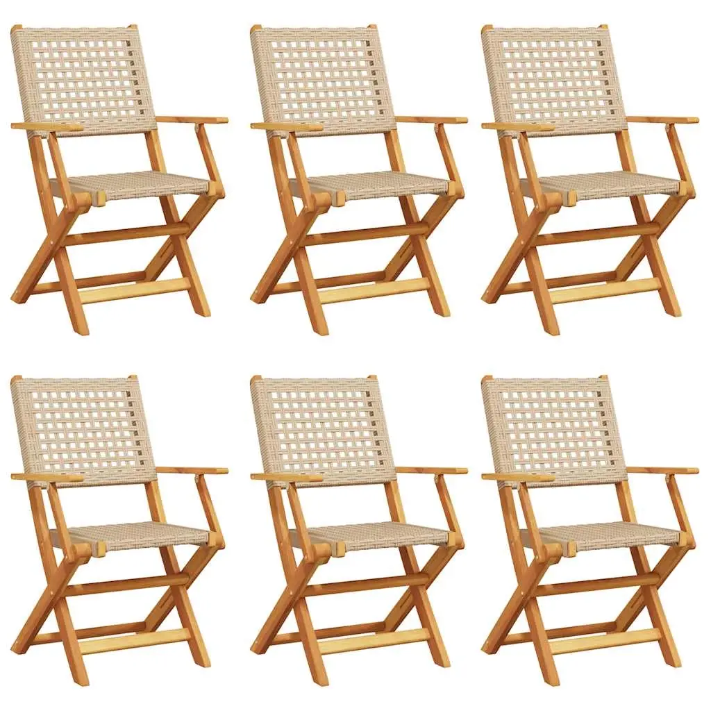 Folding Garden Chairs 6 pcs Beige Poly Rattan and Solid Wood 3214563 - Furniture