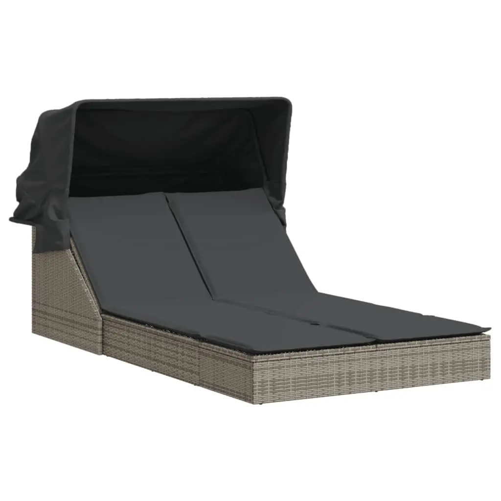 Double Sun Lounger with Canopy and Cushions Grey Poly Rattan 368639 - Furniture