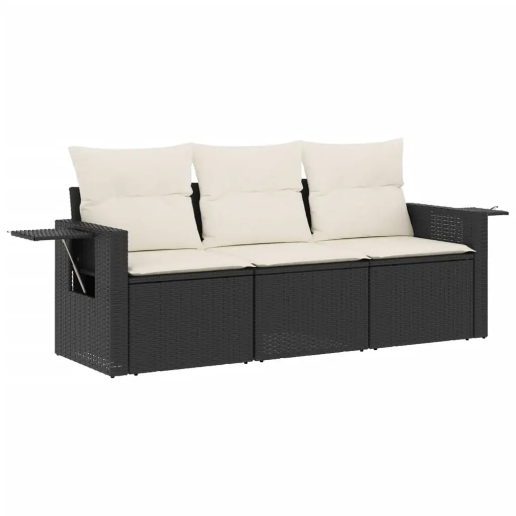 3 Piece Garden Sofa Set with Cushions Black Poly Rattan 3219855 - Furniture