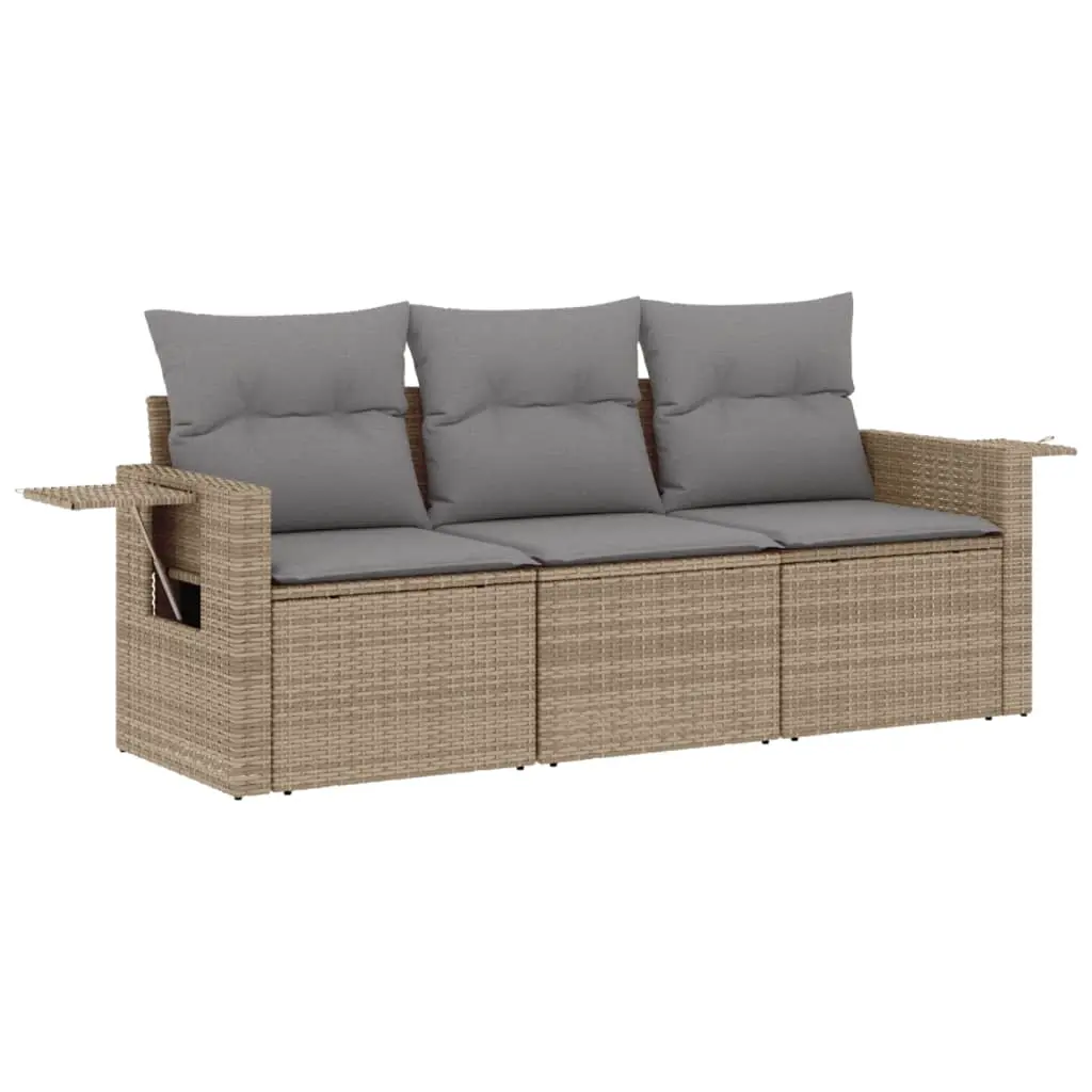 3 Piece Garden Sofa Set with Cushions Beige Poly Rattan 3219858 - Furniture