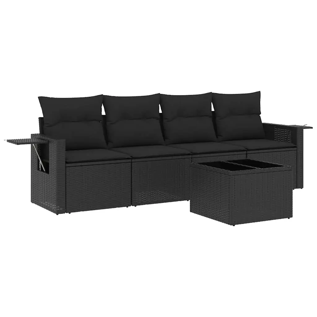 5 Piece Garden Sofa Set with Cushions Black Poly Rattan 3219884 - Furniture