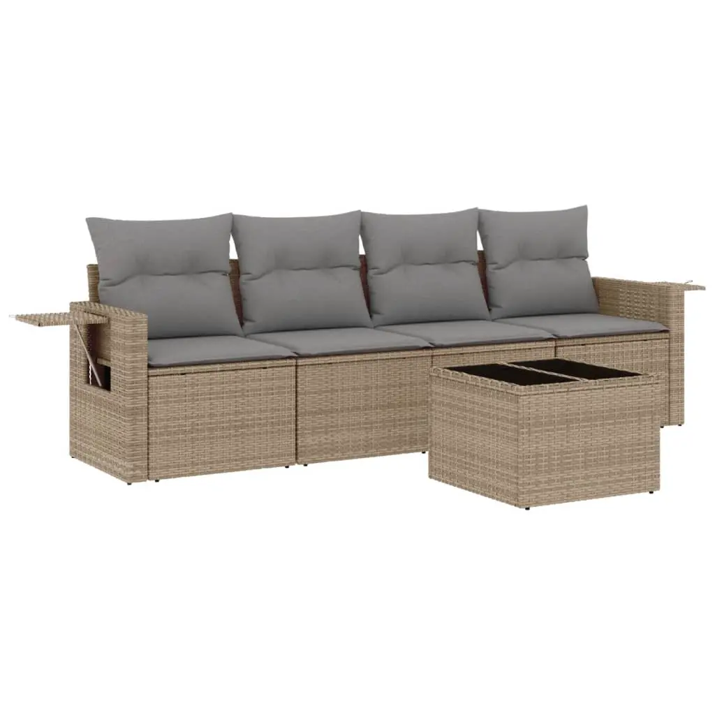 5 Piece Garden Sofa Set with Cushions Beige Poly Rattan 3219888 - Furniture