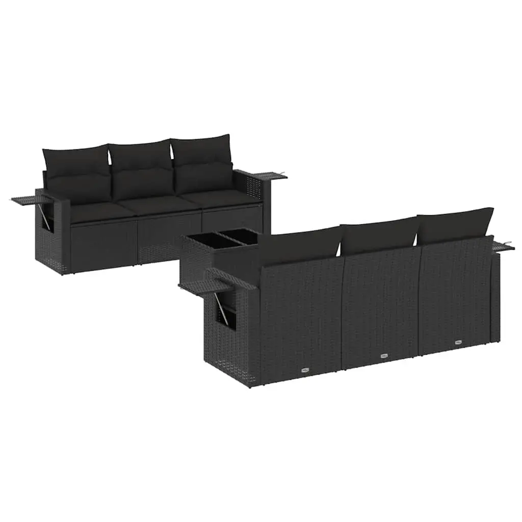 7 Piece Garden Sofa Set with Cushions Black Poly Rattan 3219904 - Furniture