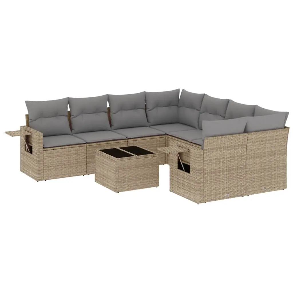 9 Piece Garden Sofa Set with Cushions Beige Poly Rattan 3219958 - Furniture