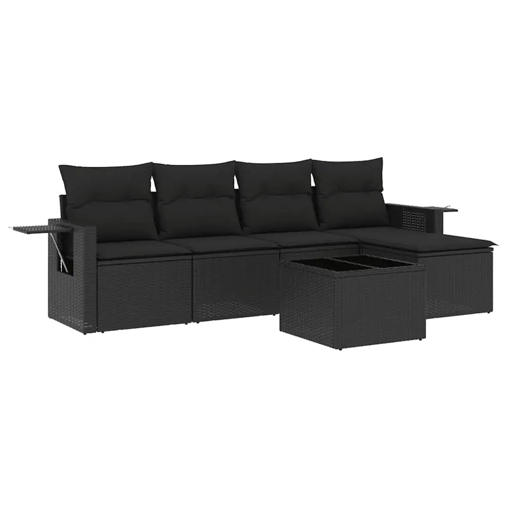 6 Piece Garden Sofa Set with Cushions Black Poly Rattan 3220094 - Furniture