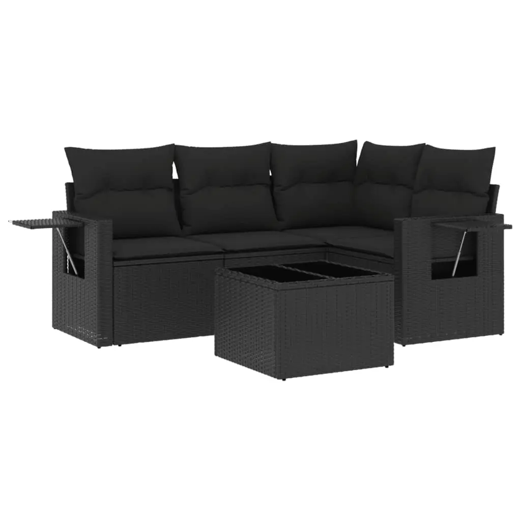 5 Piece Garden Sofa Set with Cushions Black Poly Rattan 3220114 - Furniture