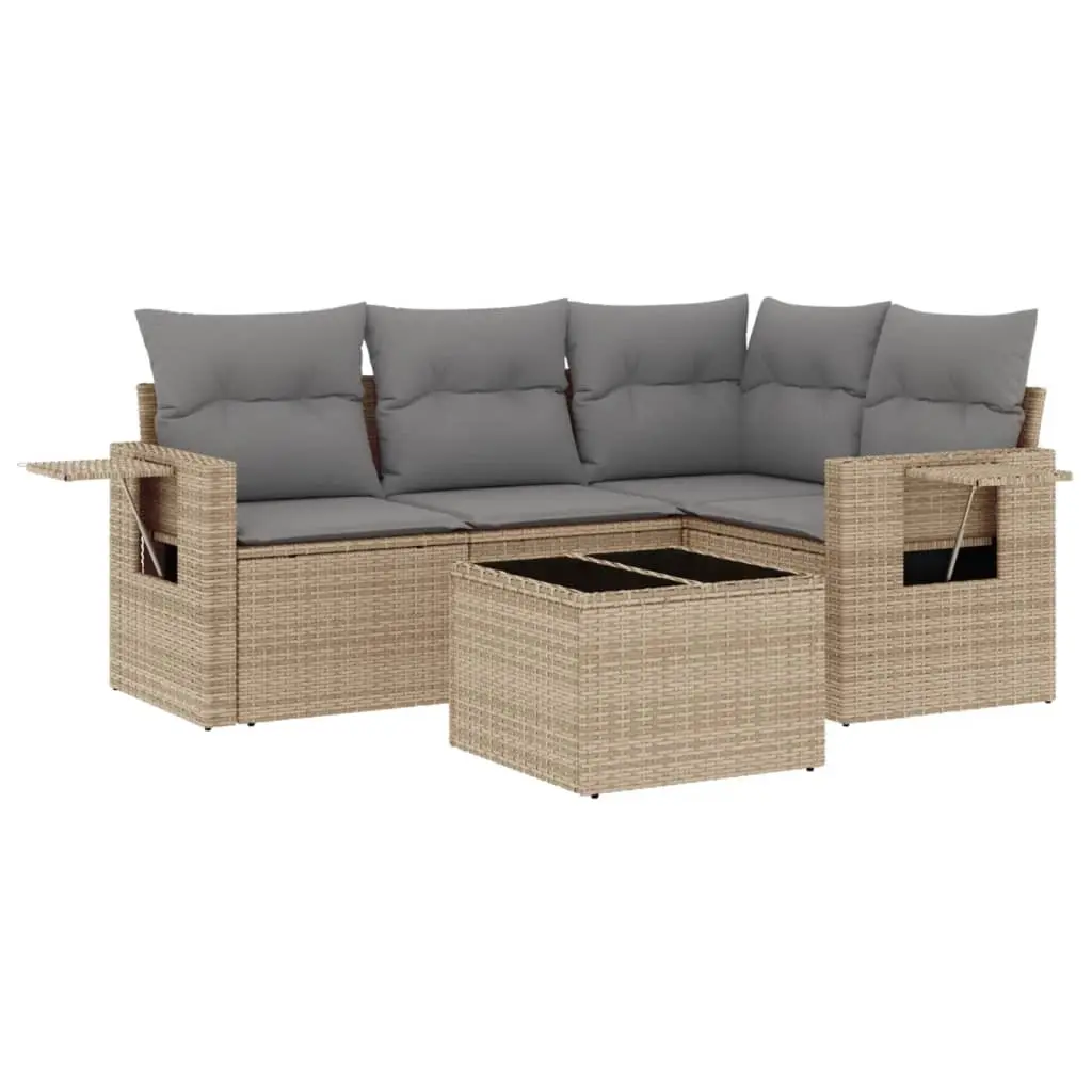 5 Piece Garden Sofa Set with Cushions Beige Poly Rattan 3220118 - Furniture