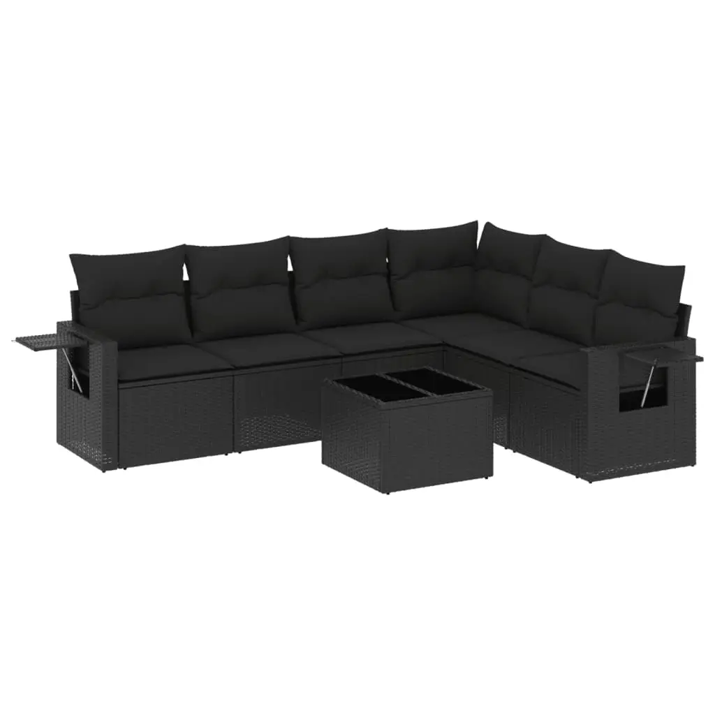 7 Piece Garden Sofa Set with Cushions Black Poly Rattan 3220214 - Furniture