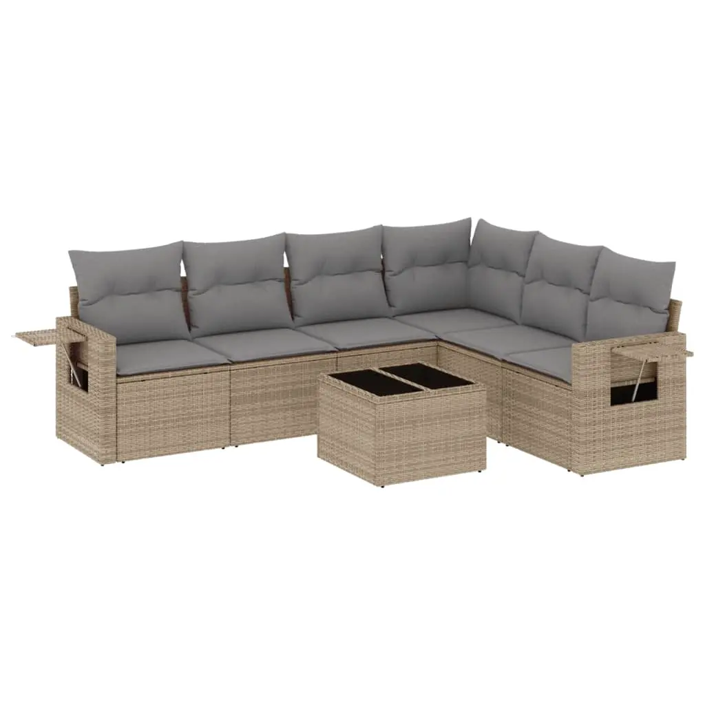 7 Piece Garden Sofa Set with Cushions Beige Poly Rattan 3220218 - Furniture