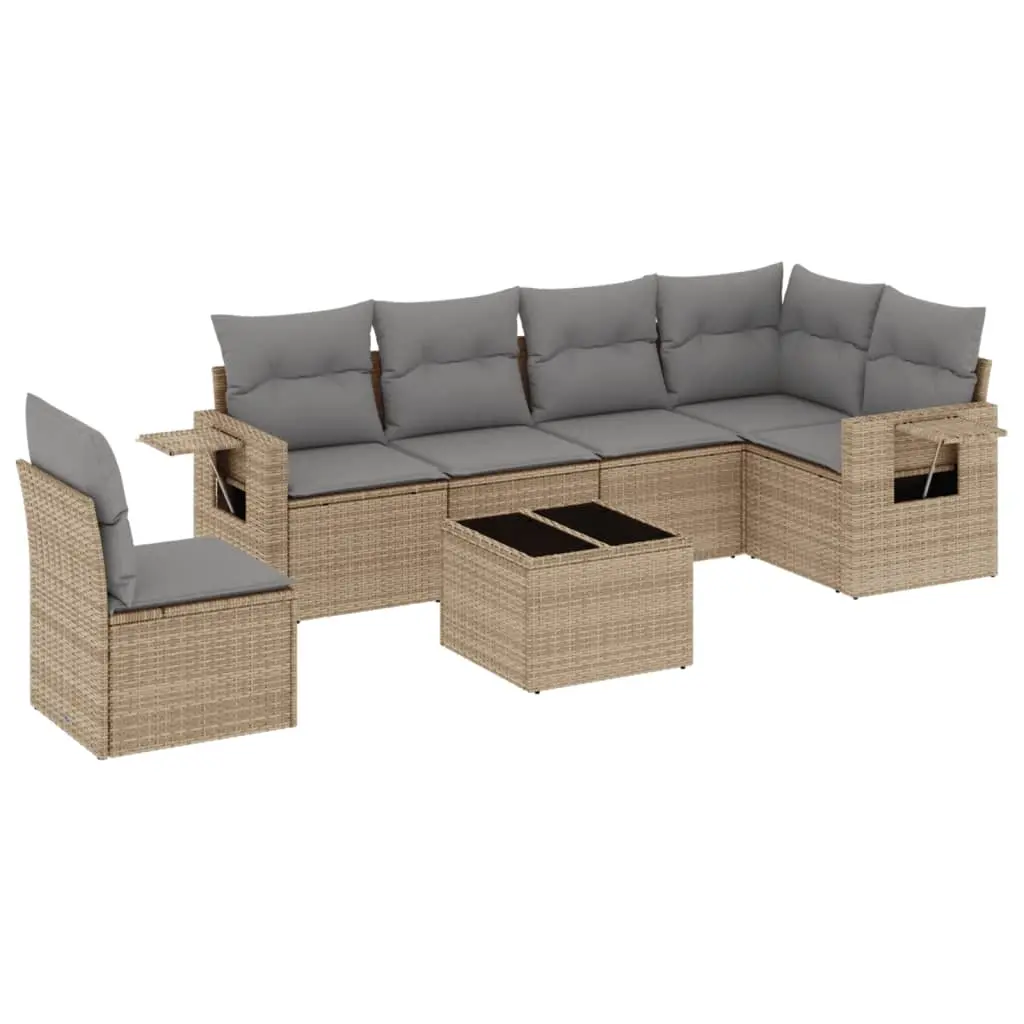 7 Piece Garden Sofa Set with Cushions Beige Poly Rattan 3220238 - Furniture