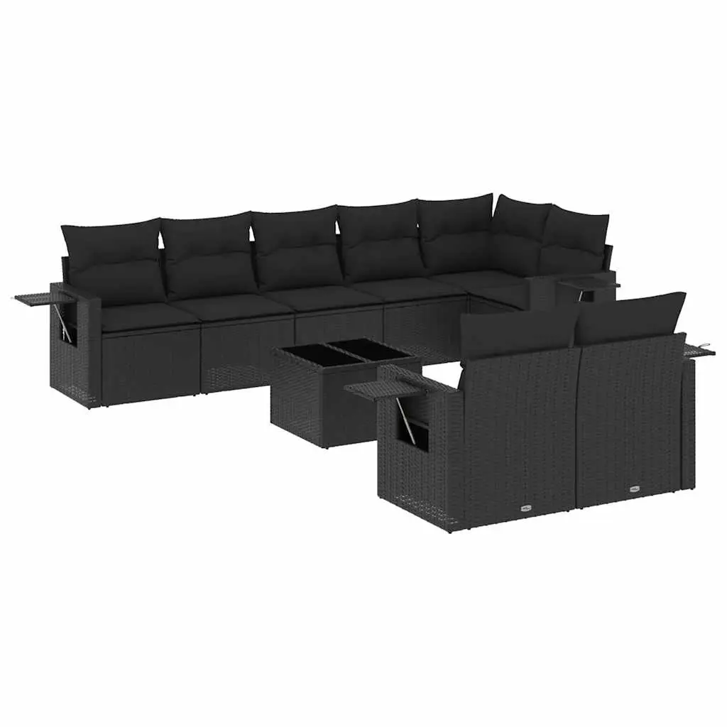 9 Piece Garden Sofa Set with Cushions Black Poly Rattan 3220424 - Furniture