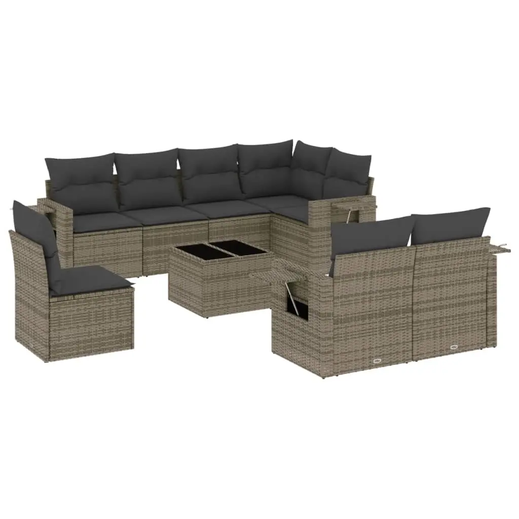 9 Piece Garden Sofa Set with Cushions Grey Poly Rattan 3220449 - Furniture