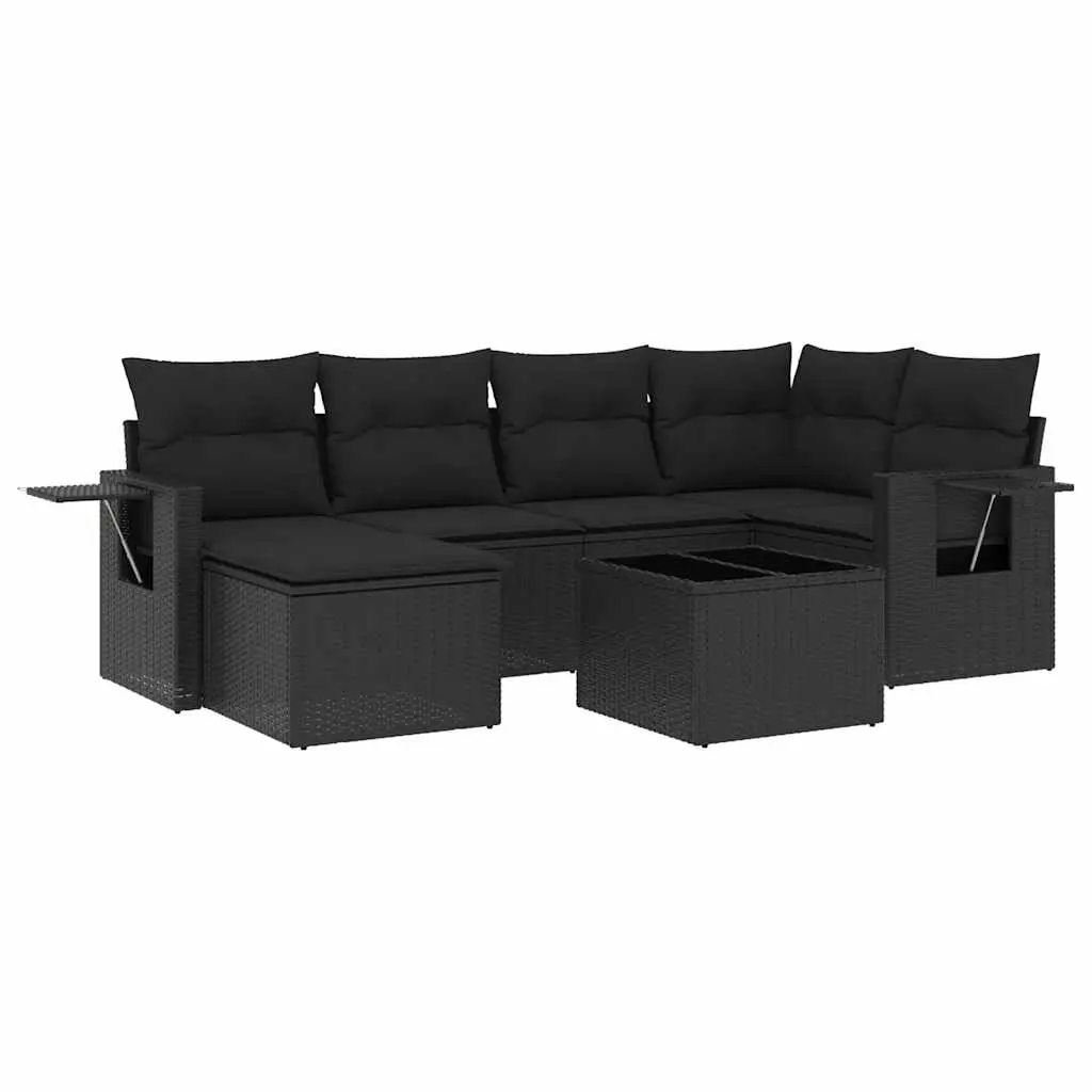 7 Piece Garden Sofa Set with Cushions Black Poly Rattan 3220464 - Furniture