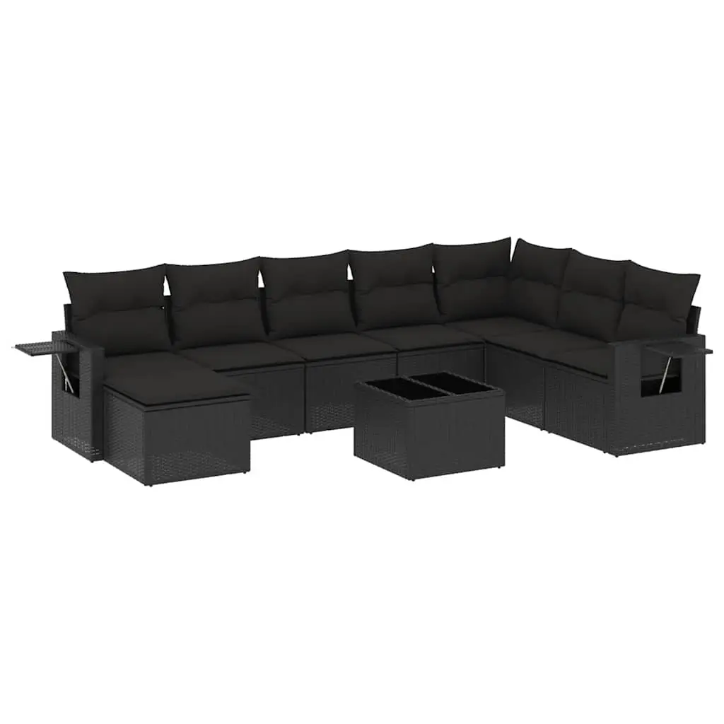 9 Piece Garden Sofa Set with Cushions Black Poly Rattan 3220564 - Furniture