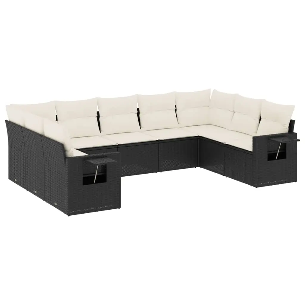 9 Piece Garden Sofa Set with Cushions Black Poly Rattan 3220595 - Furniture