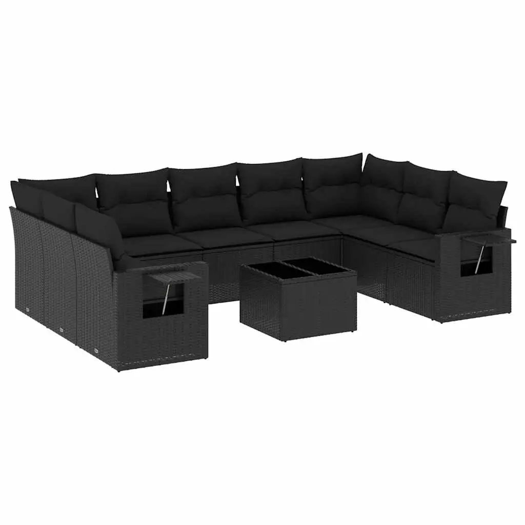 10 Piece Garden Sofa Set with Cushions Black Poly Rattan 3220604 - Furniture