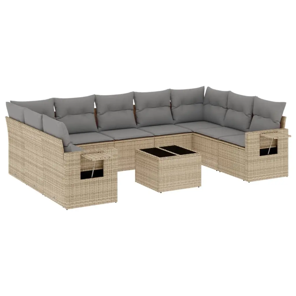 10 Piece Garden Sofa Set with Cushions Beige Poly Rattan 3220608 - Furniture