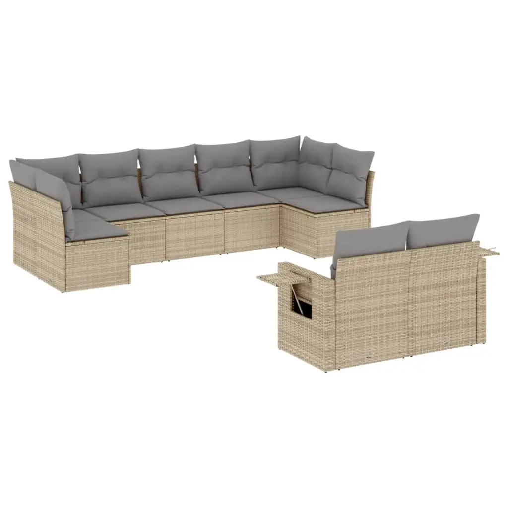 9 Piece Garden Sofa Set with Cushions Beige Poly Rattan 3220618 - Furniture