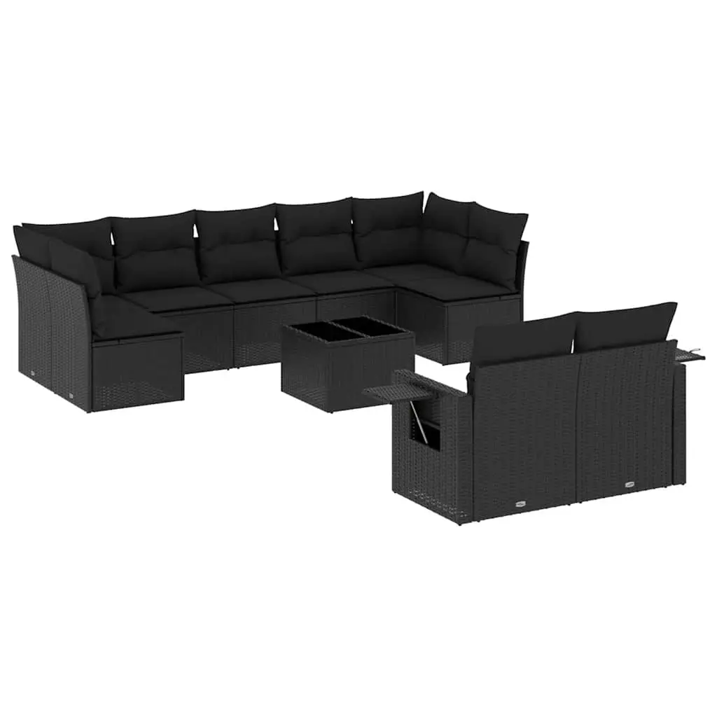 10 Piece Garden Sofa Set with Cushions Black Poly Rattan 3220624 - Furniture
