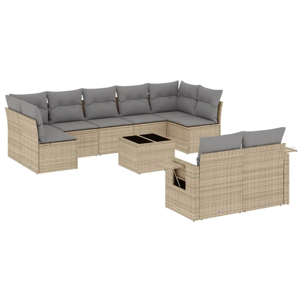 10 Piece Garden Sofa Set with Cushions Beige Poly Rattan 3220628 - Furniture
