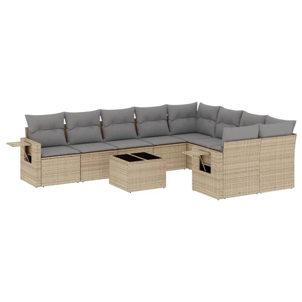10 Piece Garden Sofa Set with Cushions Beige Poly Rattan 3220648 - Furniture