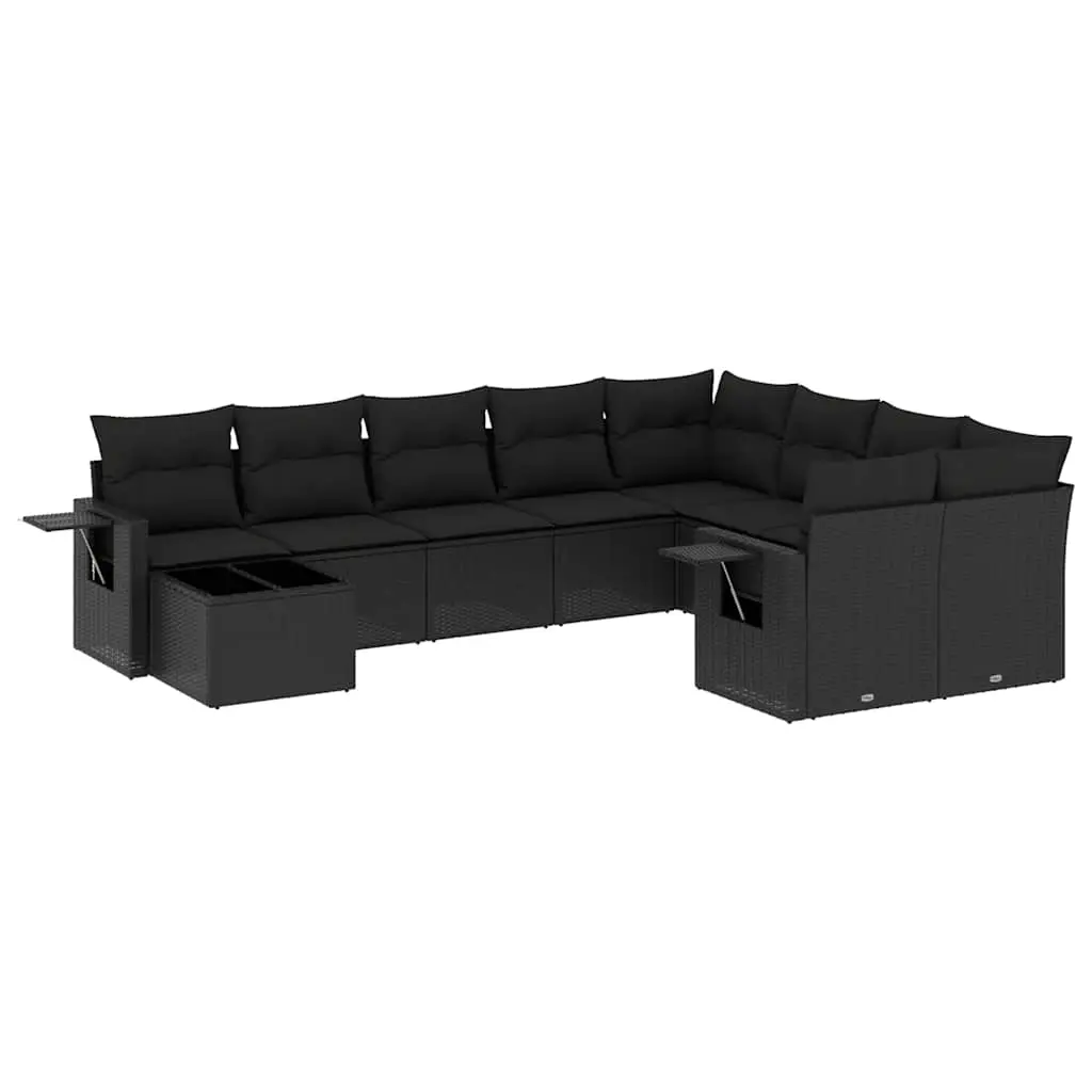 10 Piece Garden Sofa Set with Cushions Black Poly Rattan 3220654 - Furniture