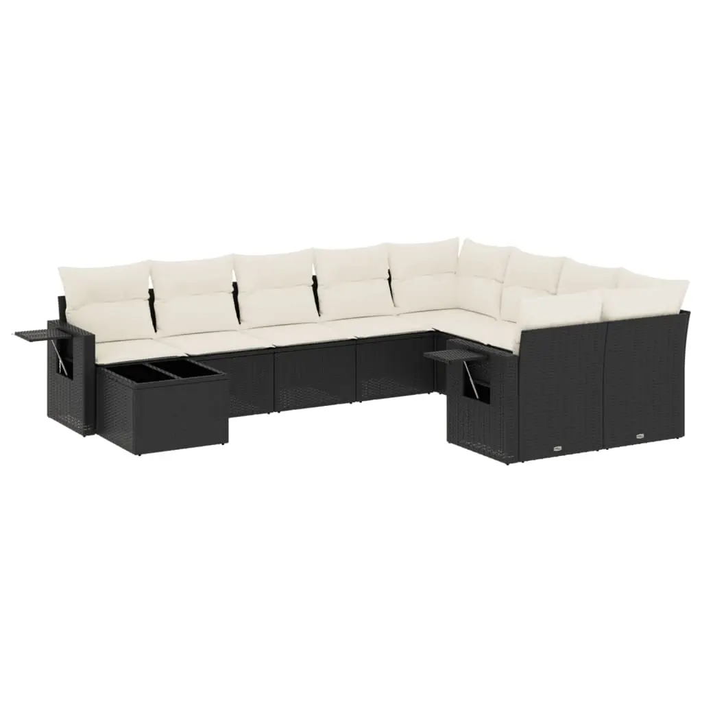 10 Piece Garden Sofa Set with Cushions Black Poly Rattan 3220655 - Furniture