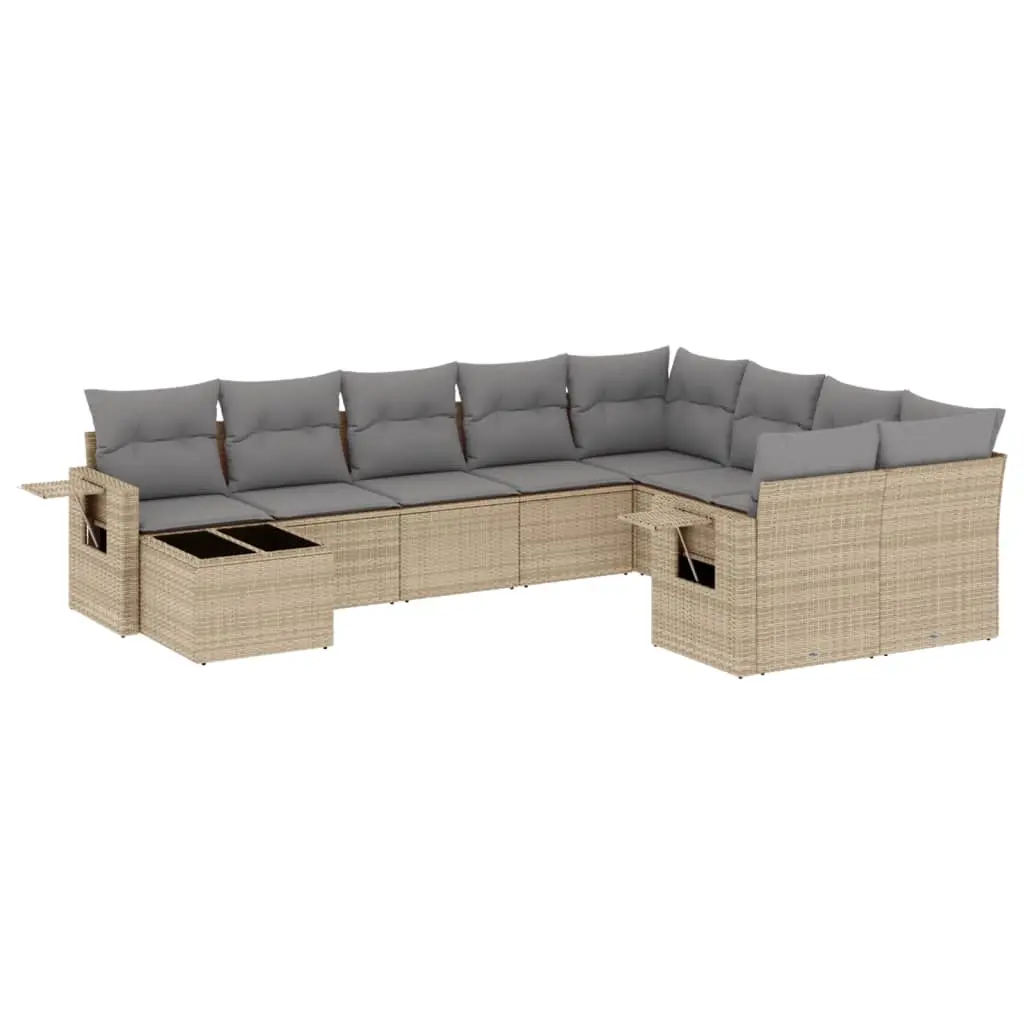 10 Piece Garden Sofa Set with Cushions Beige Poly Rattan 3220658 - Furniture